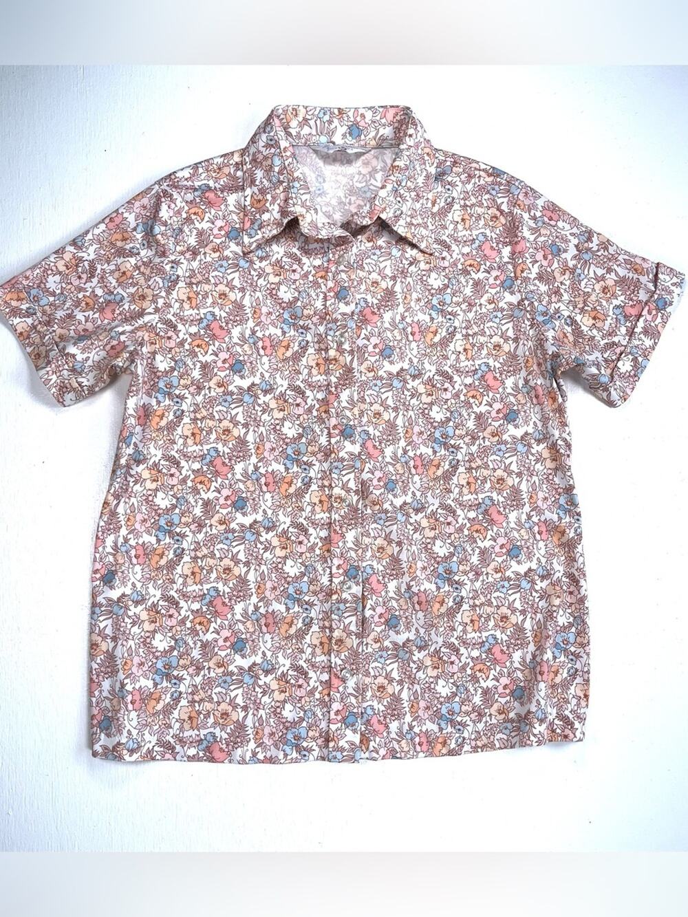 Vintage Sears 1970s Floral Button-Down Collared Shirt XL Pastel Peach Baby Blue
